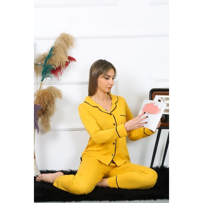 Moda Çizgi Kadın Pamuk Penye Önden Düğmeli Uzun Kol Sarı Pijama Takım 2782