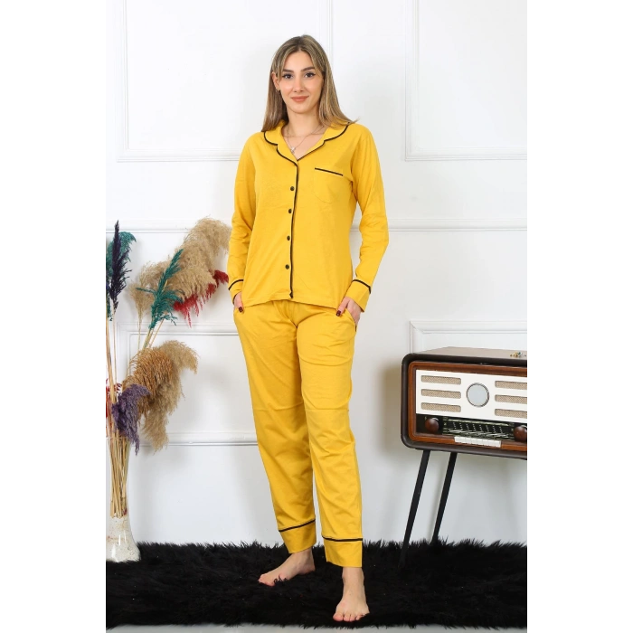Moda Çizgi Kadın Pamuk Penye Önden Düğmeli Uzun Kol Sarı Pijama Takım 2782