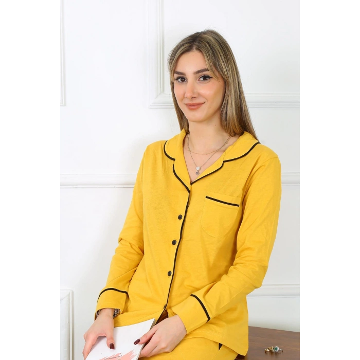 Moda Çizgi Kadın Pamuk Penye Önden Düğmeli Uzun Kol Sarı Pijama Takım 2782