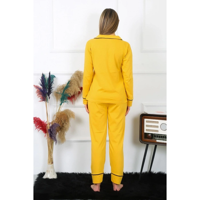 Moda Çizgi Kadın Pamuk Penye Önden Düğmeli Uzun Kol Sarı Pijama Takım 2782