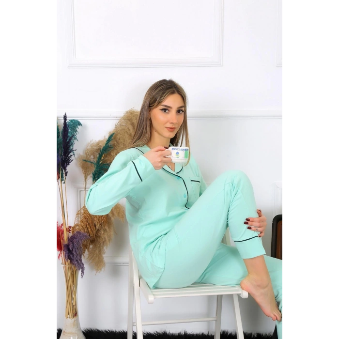 Moda Çizgi Kadın Pamuk Penye Önden Düğmeli Uzun Kol Su Yeşili Pijama Takım 2782