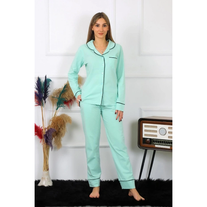Moda Çizgi Kadın Pamuk Penye Önden Düğmeli Uzun Kol Su Yeşili Pijama Takım 2782