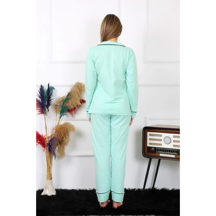 Moda Çizgi Kadın Pamuk Penye Önden Düğmeli Uzun Kol Su Yeşili Pijama Takım 2782
