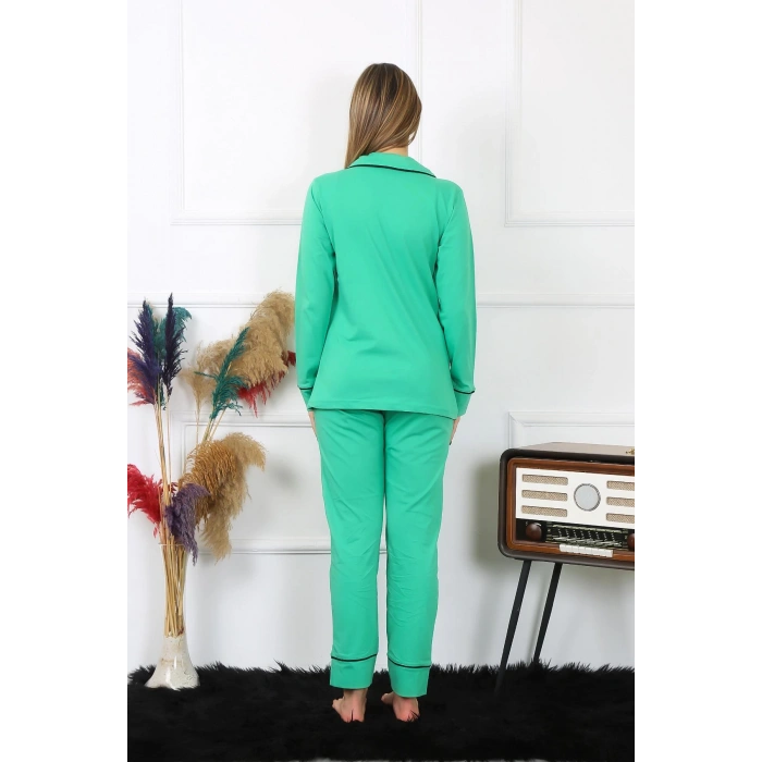 Moda Çizgi Kadın Pamuk Penye Önden Düğmeli Uzun Kol Yeşil Pijama Takım 2782