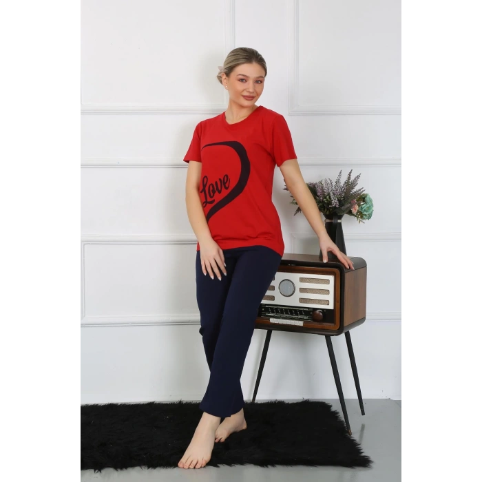 Moda Çizgi Kadın Pamuk Penye Sevgili Kombini Pijama Takımı Kırmızı 50128 Tek Takım Fiyatıdır