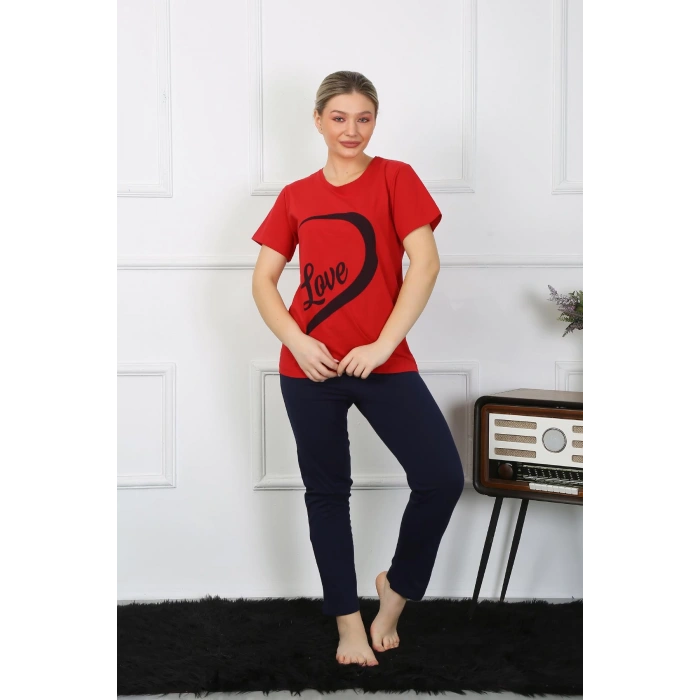 Moda Çizgi Kadın Pamuk Penye Sevgili Kombini Pijama Takımı Kırmızı 50128 Tek Takım Fiyatıdır