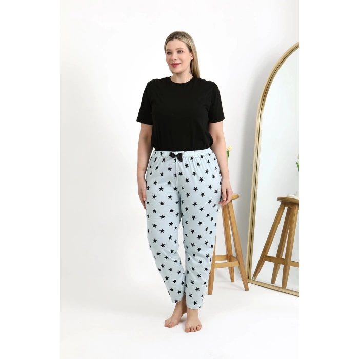Moda Çizgi Kadın Pamuklu Büyük Beden Alt Pijama 27557 Buz Mavisi