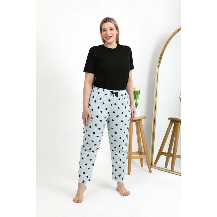 Moda Çizgi Kadın Pamuklu Büyük Beden Alt Pijama 27557 Buz Mavisi
