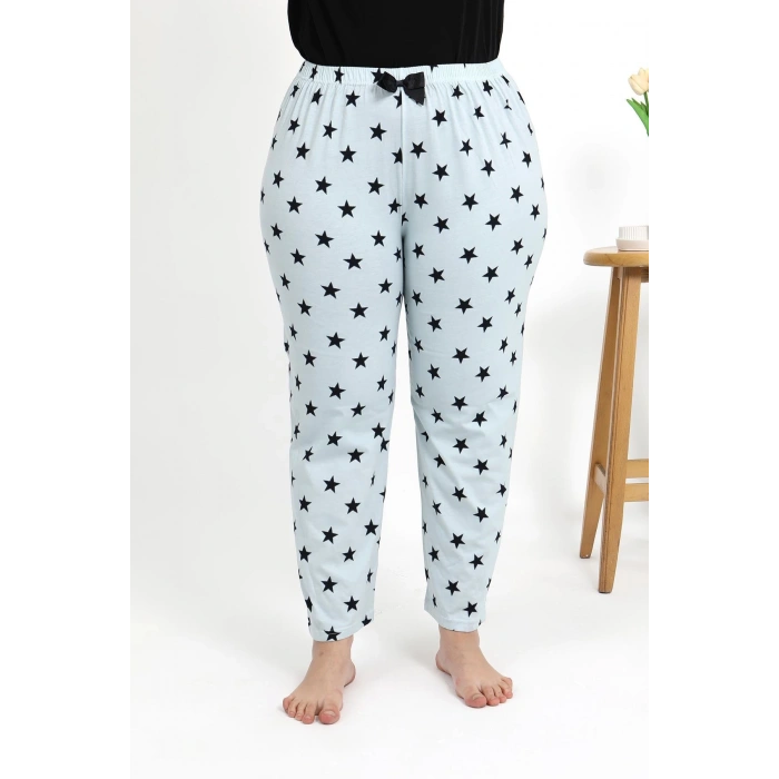 Moda Çizgi Kadın Pamuklu Büyük Beden Alt Pijama 27557 Buz Mavisi