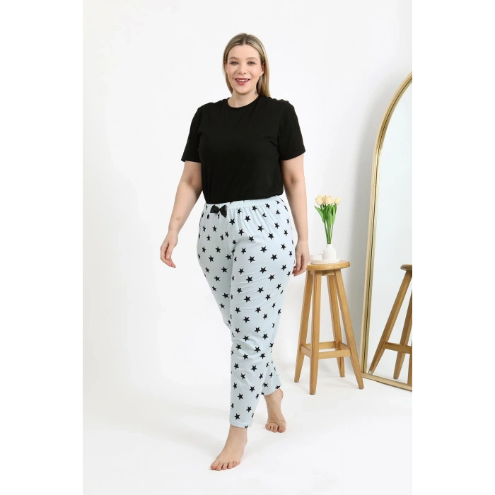 Moda Çizgi Kadın Pamuklu Büyük Beden Alt Pijama 27557 Buz Mavisi