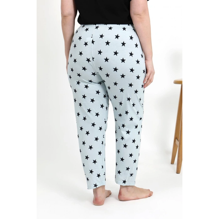 Moda Çizgi Kadın Pamuklu Büyük Beden Alt Pijama 27557 Buz Mavisi