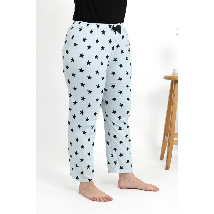 Moda Çizgi Kadın Pamuklu Büyük Beden Alt Pijama 27557 Buz Mavisi