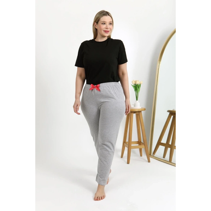 Moda Çizgi Kadın Pamuklu Büyük Beden Alt Pijama 27557 Gri