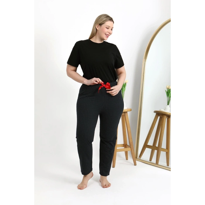 Moda Çizgi Kadın Pamuklu Büyük Beden Alt Pijama 27557 Siyah