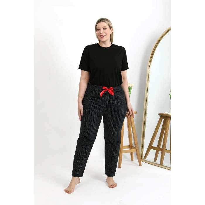 Moda Çizgi Kadın Pamuklu Büyük Beden Alt Pijama 27557 Siyah