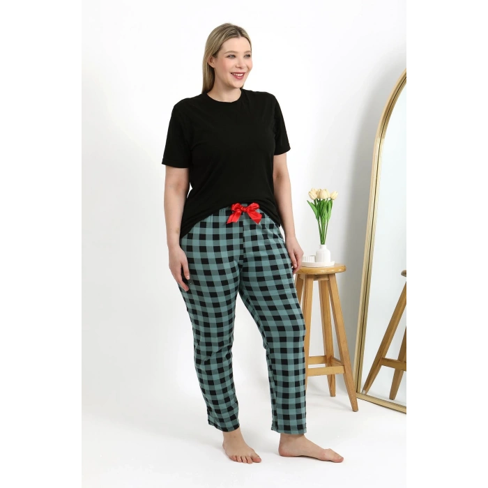 Moda Çizgi Kadın Pamuklu Büyük Beden Alt Pijama 27557 Turkuaz