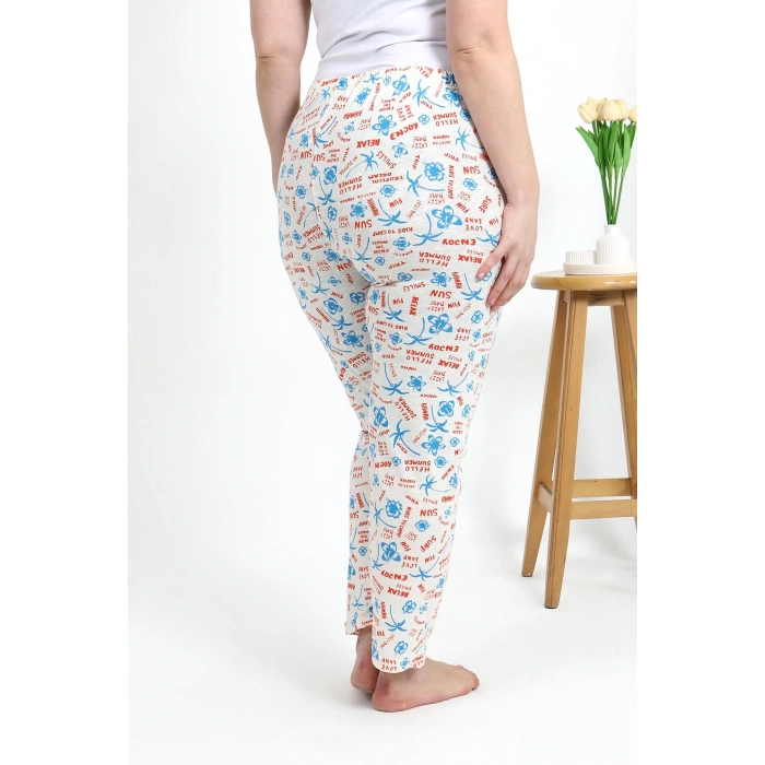 Moda Çizgi Kadın Pamuklu Büyük Beden Alt Pijama 27558 Ekru