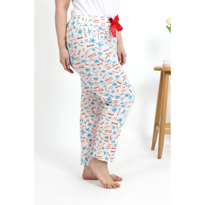 Moda Çizgi Kadın Pamuklu Büyük Beden Alt Pijama 27558 Ekru