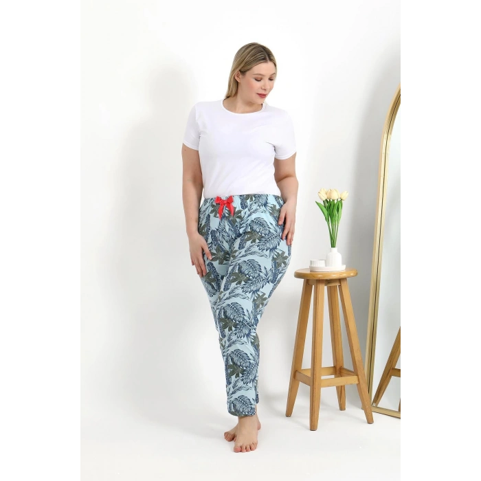 Moda Çizgi Kadın Pamuklu Büyük Beden Alt Pijama 27558 Mavi