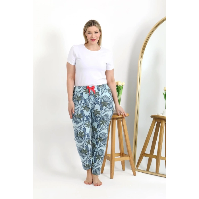 Moda Çizgi Kadın Pamuklu Büyük Beden Alt Pijama 27558 Mavi