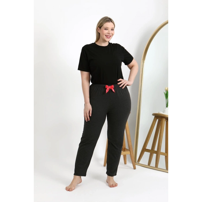 Moda Çizgi Kadın Pamuklu Büyük Beden Alt Pijama 27559 Antrasit