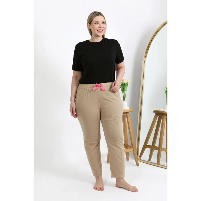 Moda Çizgi Kadın Pamuklu Büyük Beden Alt Pijama 27559 Bej