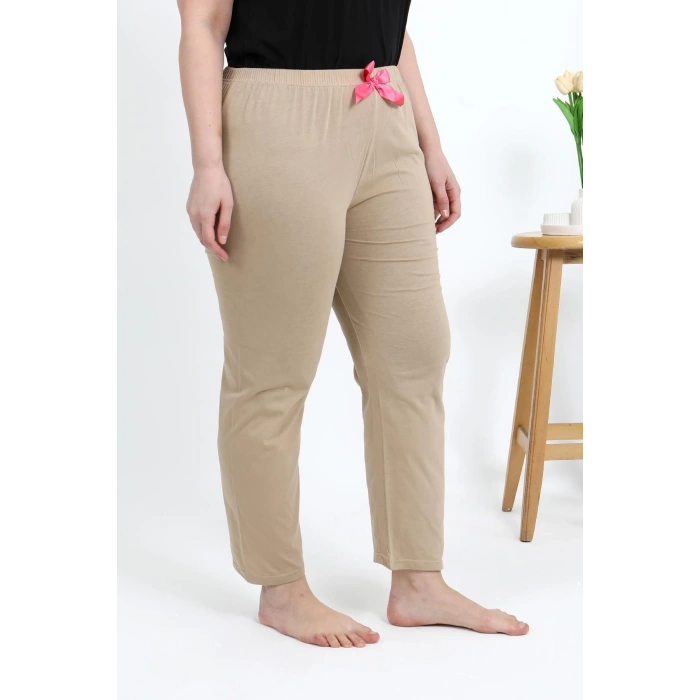 Moda Çizgi Kadın Pamuklu Büyük Beden Alt Pijama 27559 Bej