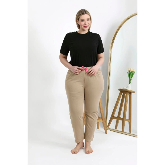Moda Çizgi Kadın Pamuklu Büyük Beden Alt Pijama 27559 Bej