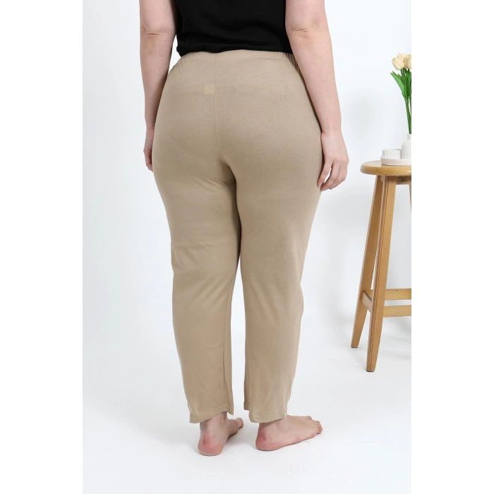 Moda Çizgi Kadın Pamuklu Büyük Beden Alt Pijama 27559 Bej