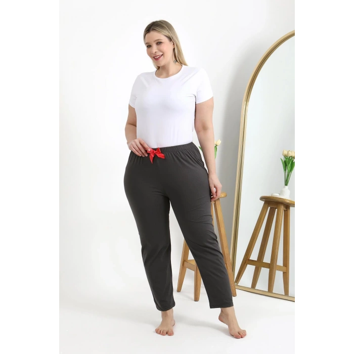 Moda Çizgi Kadın Pamuklu Büyük Beden Alt Pijama 27559 Füme