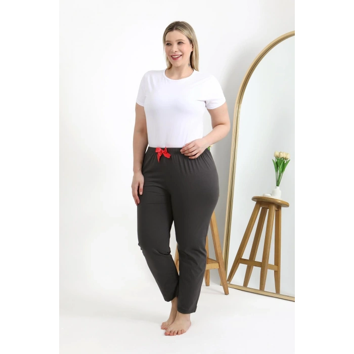 Moda Çizgi Kadın Pamuklu Büyük Beden Alt Pijama 27559 Füme