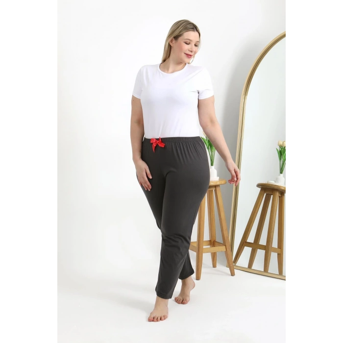 Moda Çizgi Kadın Pamuklu Büyük Beden Alt Pijama 27559 Füme