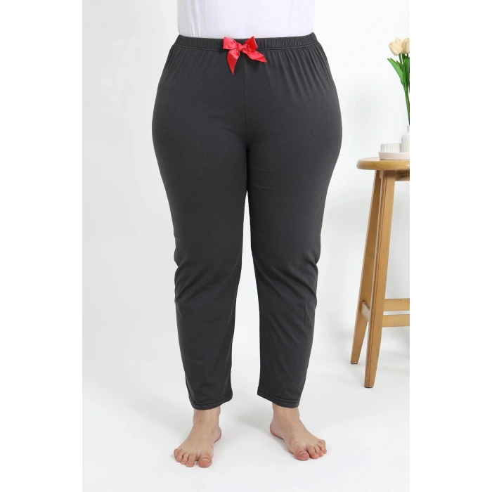 Moda Çizgi Kadın Pamuklu Büyük Beden Alt Pijama 27559 Füme