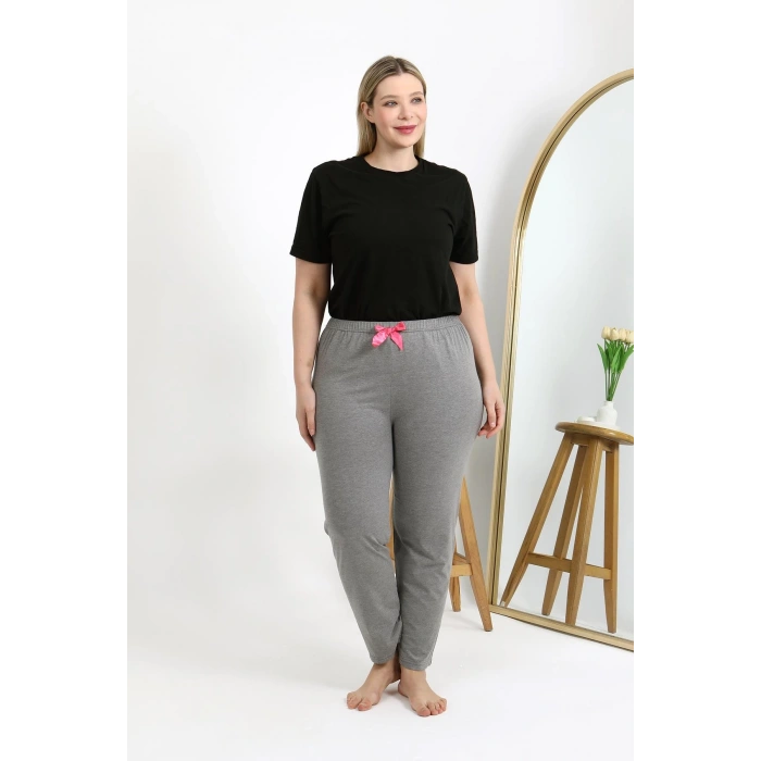 Moda Çizgi Kadın Pamuklu Büyük Beden Alt Pijama 27559 Gri