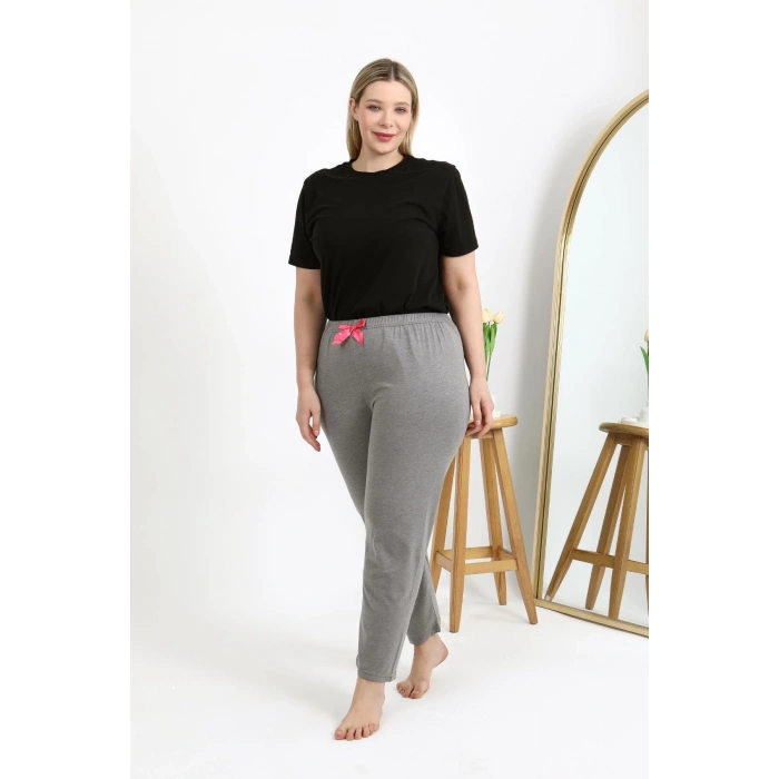 Moda Çizgi Kadın Pamuklu Büyük Beden Alt Pijama 27559 Gri