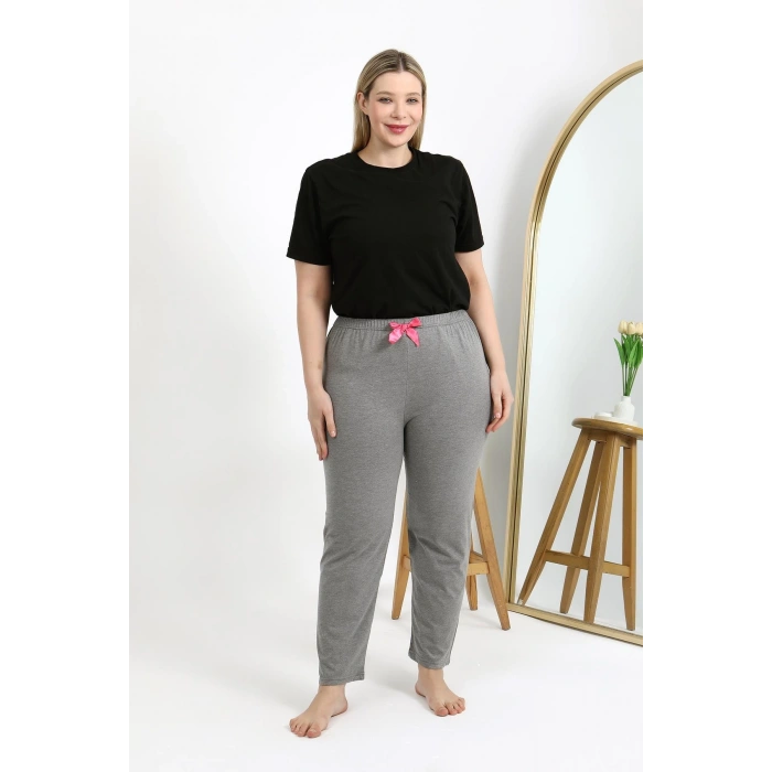 Moda Çizgi Kadın Pamuklu Büyük Beden Alt Pijama 27559 Gri
