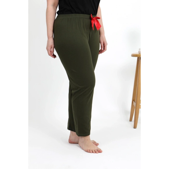 Moda Çizgi Kadın Pamuklu Büyük Beden Alt Pijama 27559 Haki