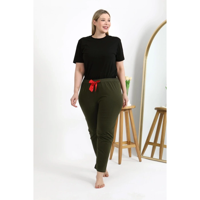 Moda Çizgi Kadın Pamuklu Büyük Beden Alt Pijama 27559 Haki