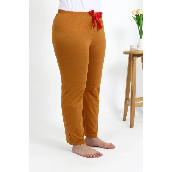 Moda Çizgi Kadın Pamuklu Büyük Beden Alt Pijama 27559 Hardal