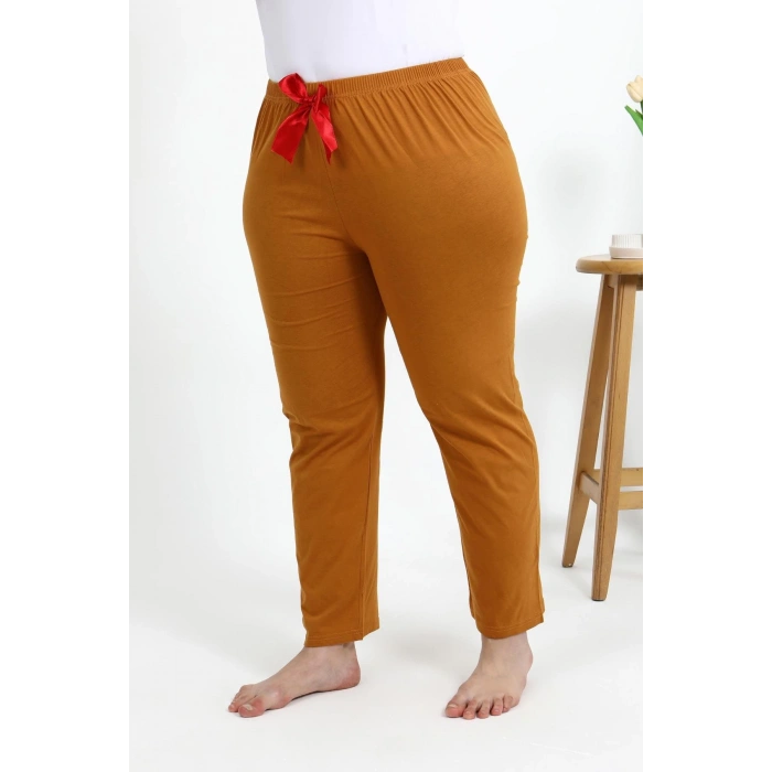 Moda Çizgi Kadın Pamuklu Büyük Beden Alt Pijama 27559 Hardal