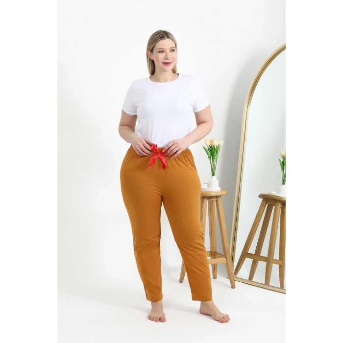 Moda Çizgi Kadın Pamuklu Büyük Beden Alt Pijama 27559 Hardal