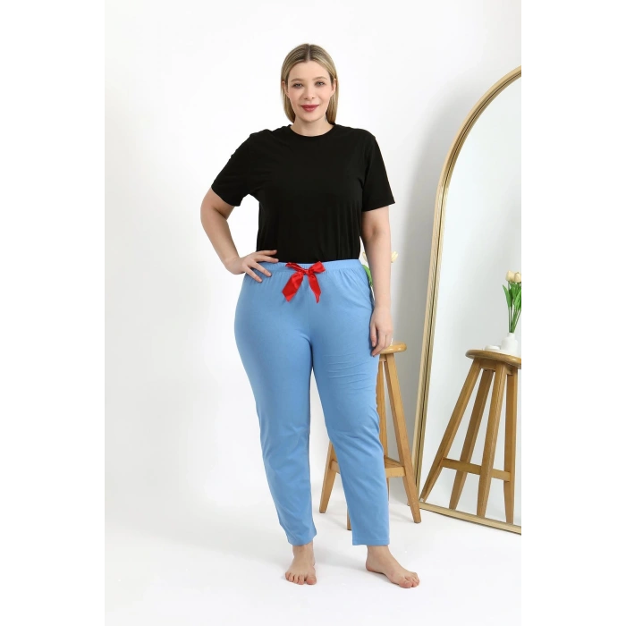 Moda Çizgi Kadın Pamuklu Büyük Beden Alt Pijama 27559 Mavi