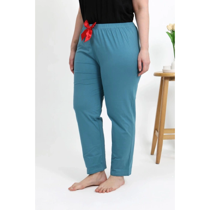 Moda Çizgi Kadın Pamuklu Büyük Beden Alt Pijama 27559 Petrol