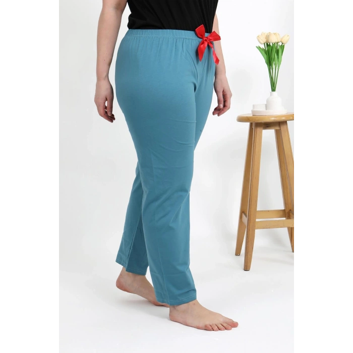 Moda Çizgi Kadın Pamuklu Büyük Beden Alt Pijama 27559 Petrol