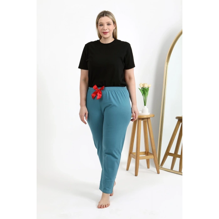 Moda Çizgi Kadın Pamuklu Büyük Beden Alt Pijama 27559 Petrol