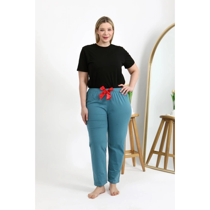 Moda Çizgi Kadın Pamuklu Büyük Beden Alt Pijama 27559 Petrol