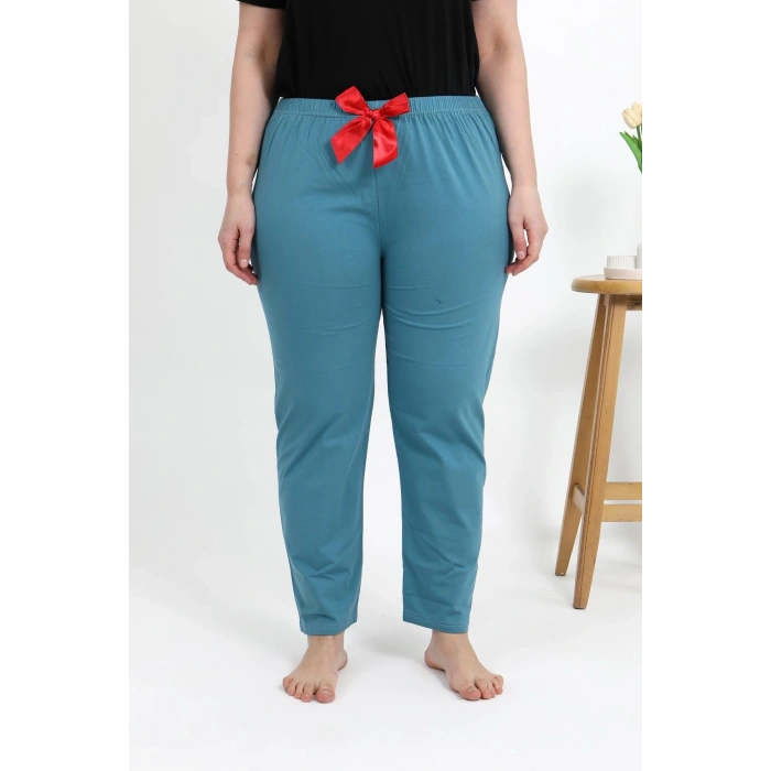 Moda Çizgi Kadın Pamuklu Büyük Beden Alt Pijama 27559 Petrol