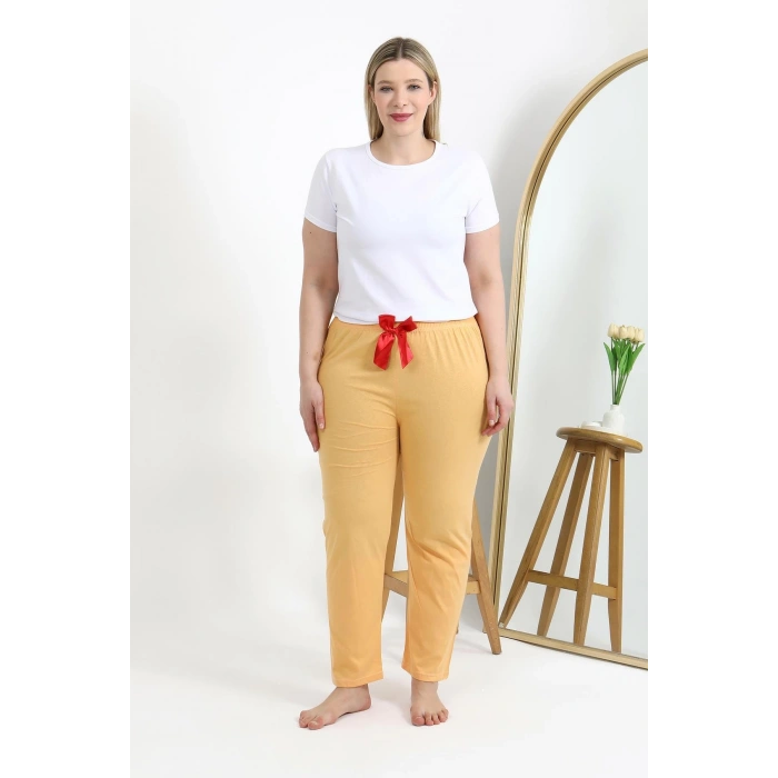 Moda Çizgi Kadın Pamuklu Büyük Beden Alt Pijama 27559 Sarı