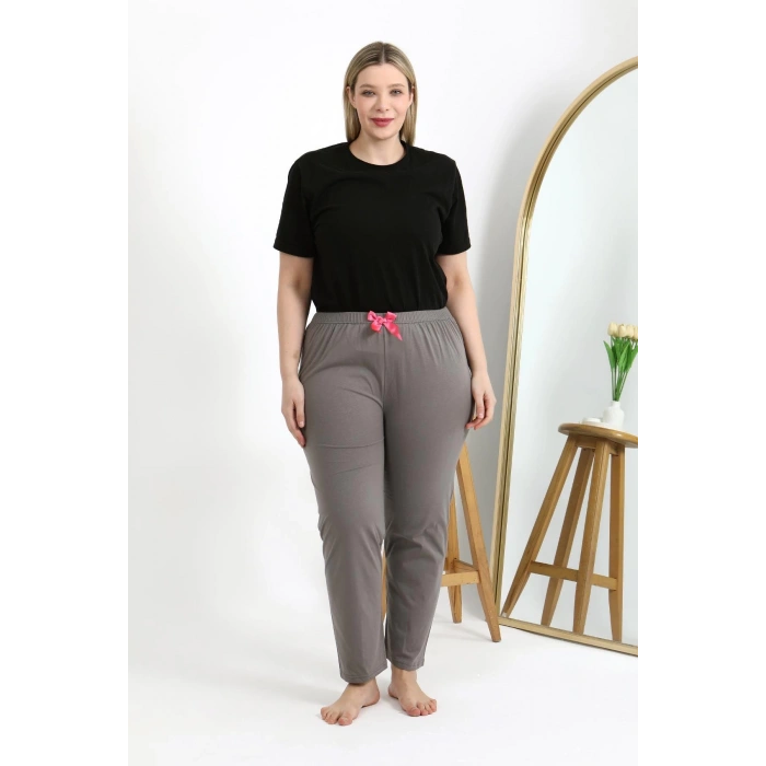 Moda Çizgi Kadın Pamuklu Büyük Beden Alt Pijama 27559 Vizon