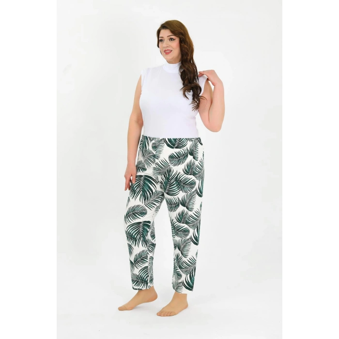 Moda Çizgi Kadın Pamuklu Büyük Beden Alt Pijama Yeşil 27563